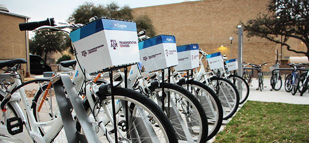 Zagster bikes on display in Rudder Plaza